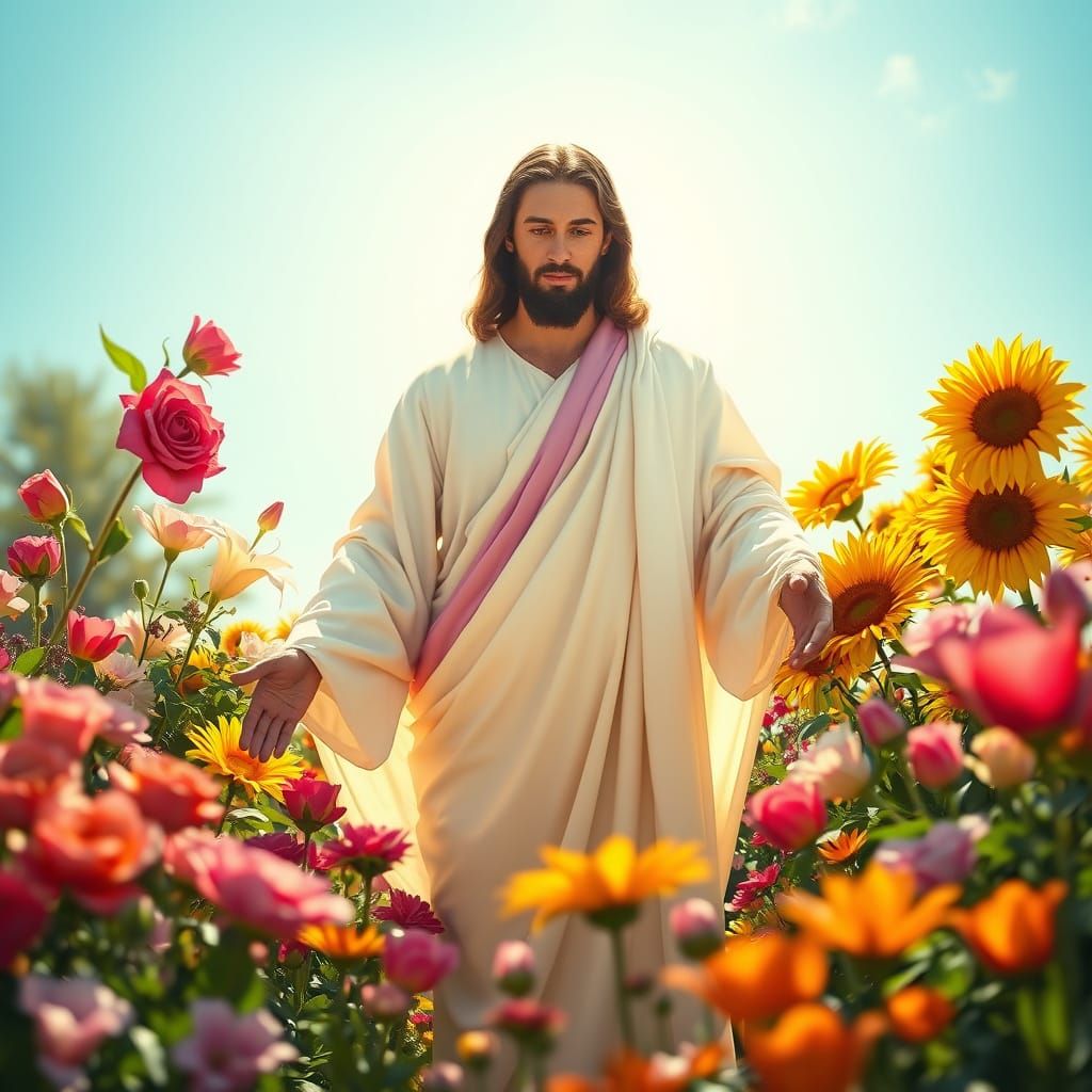Jesus Christ in Serene Flower Garden, Digital Art