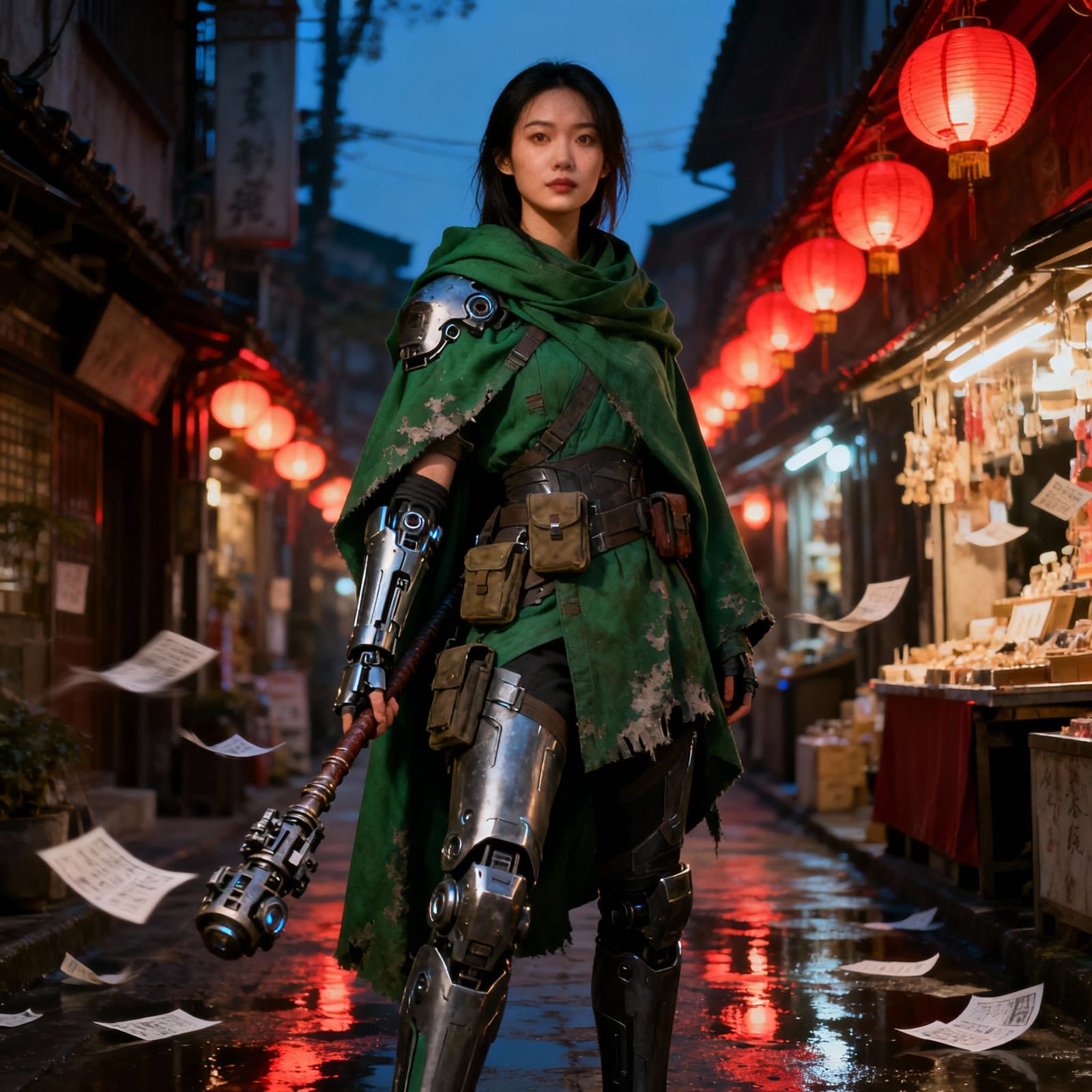 Cyberpunk Warrior Woman in Lantern Lit Street