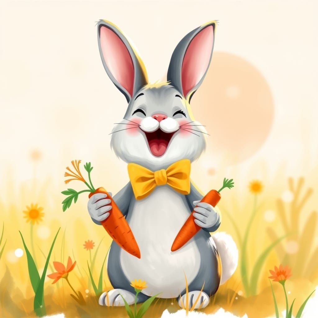 Laughing Bunny with Carrot in Whimsical Style