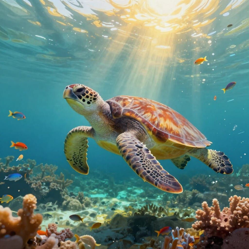 Vibrant Sea Turtle in Sunlit Coral Reef Digital Painting
