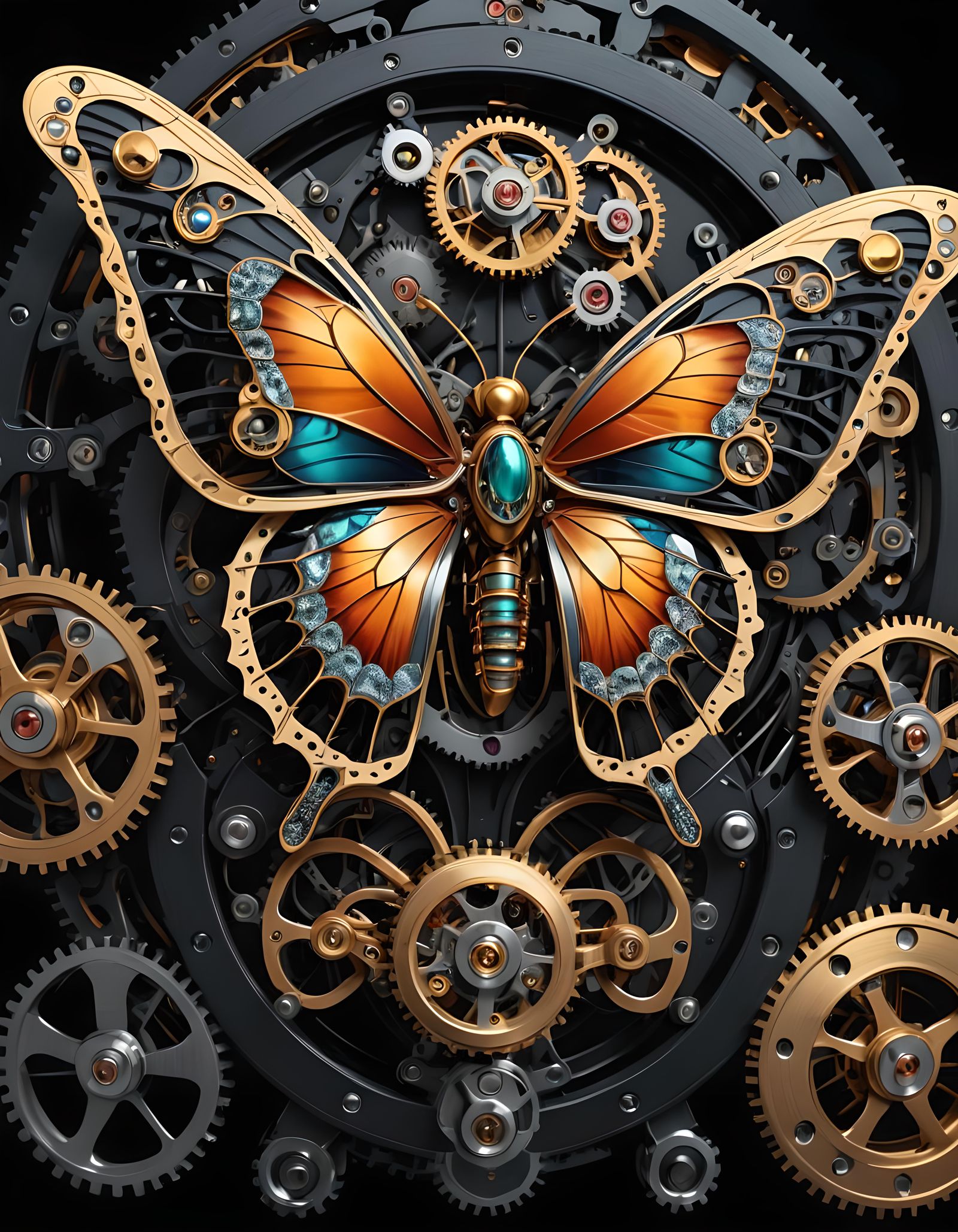 Elegant Clockwork Butterfly: Digital Art on Black