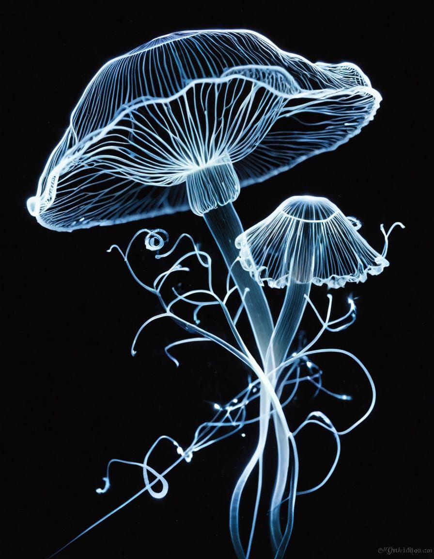 Ethereal Light Tendrils Mushroom in Radiant Photogram