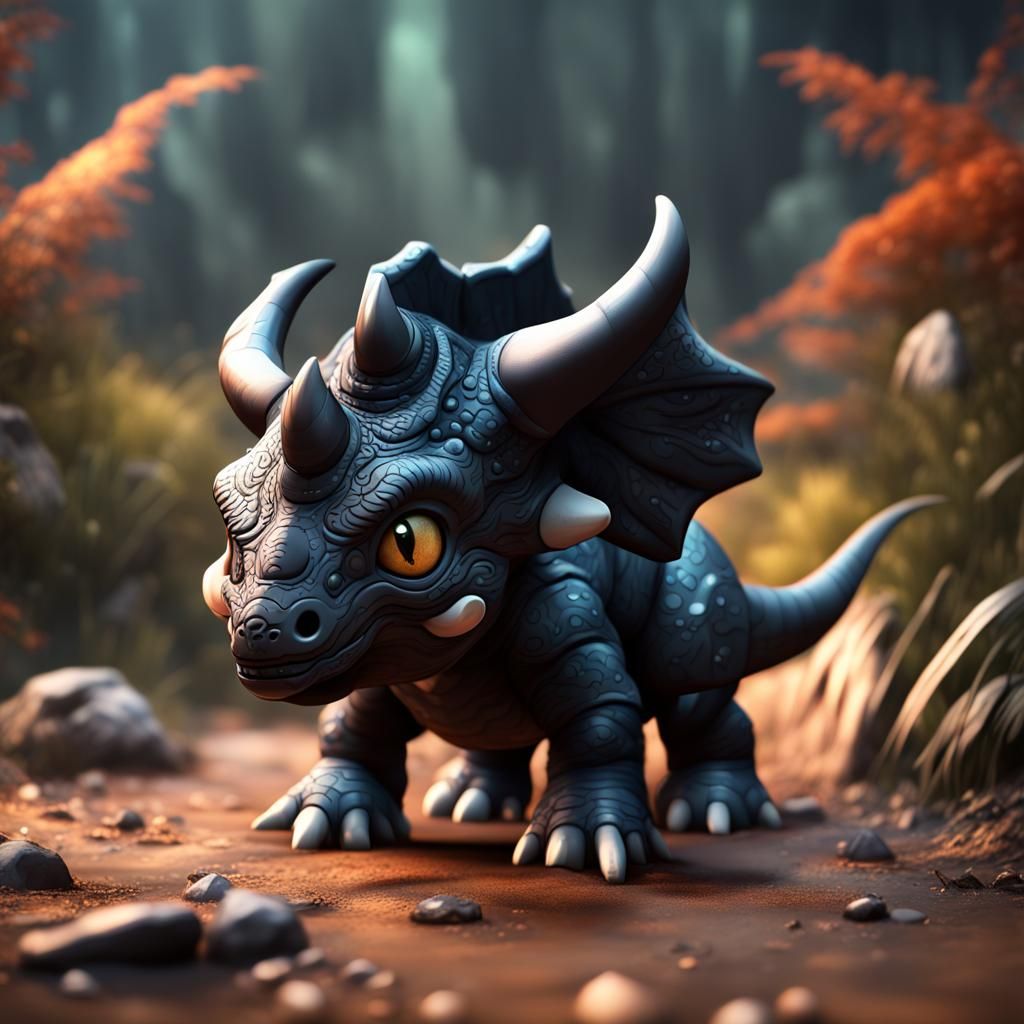 Chibi Black Triceratops Fantasy Art