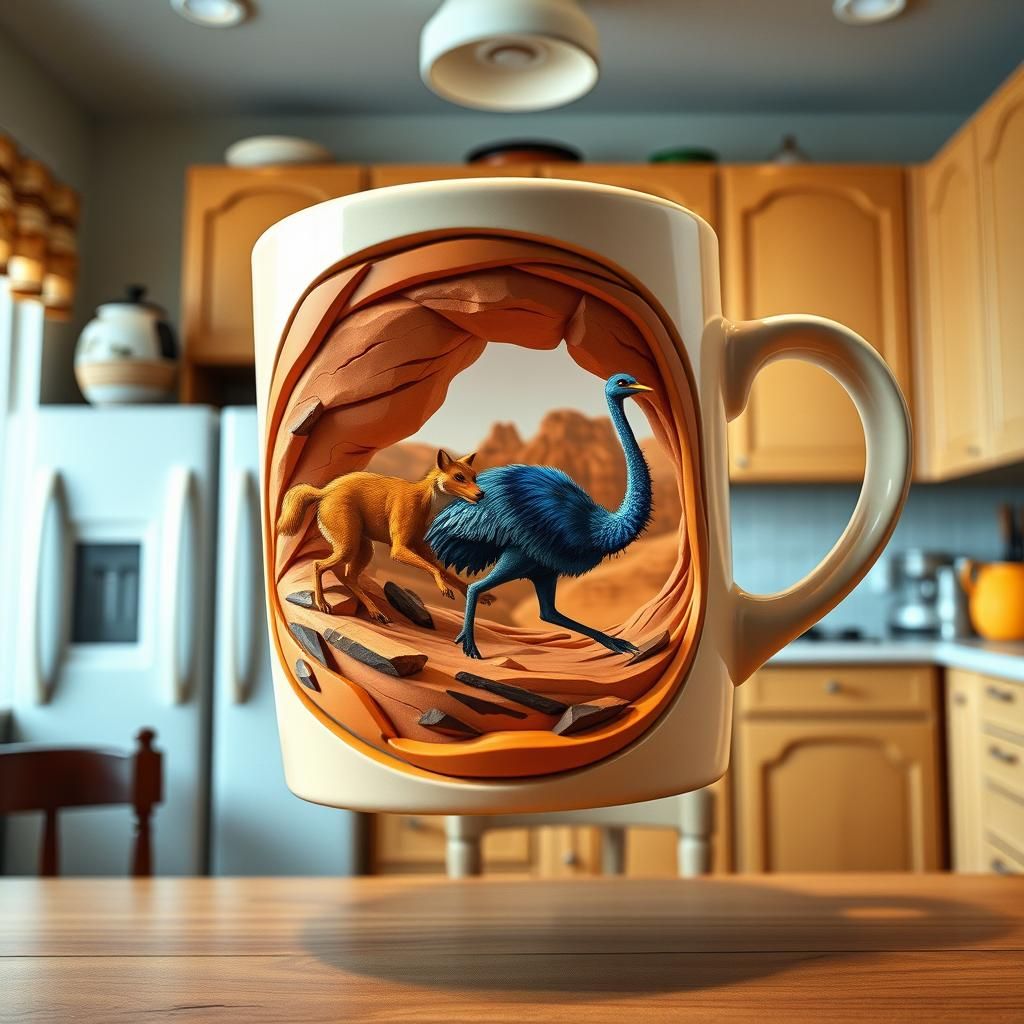 Surreal Kitchen with Animated Mug in Technicolor Style