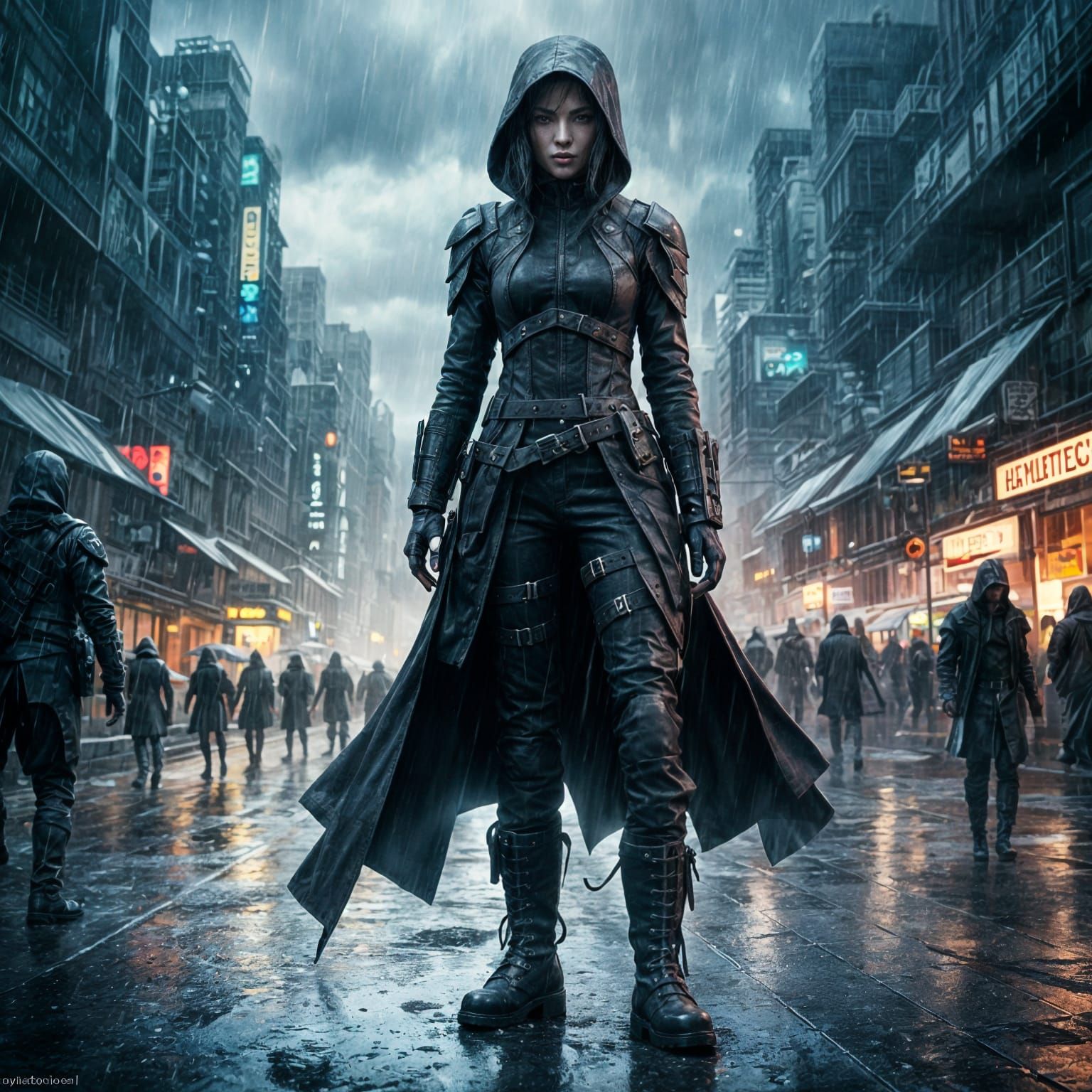Epic City Street Assassin in Rainy Combat