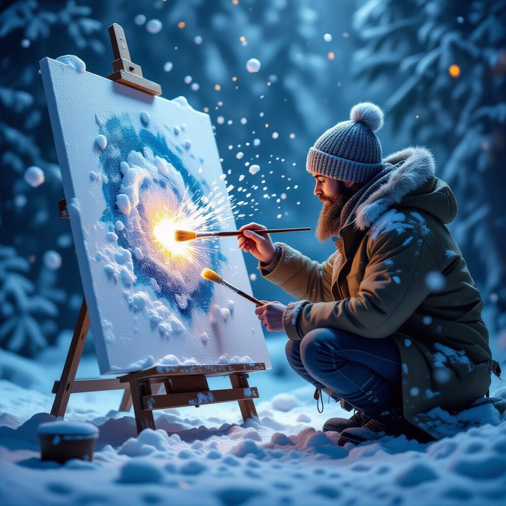Artist's Brush Explodes with Snow and Ice in Fantasy Matte P...