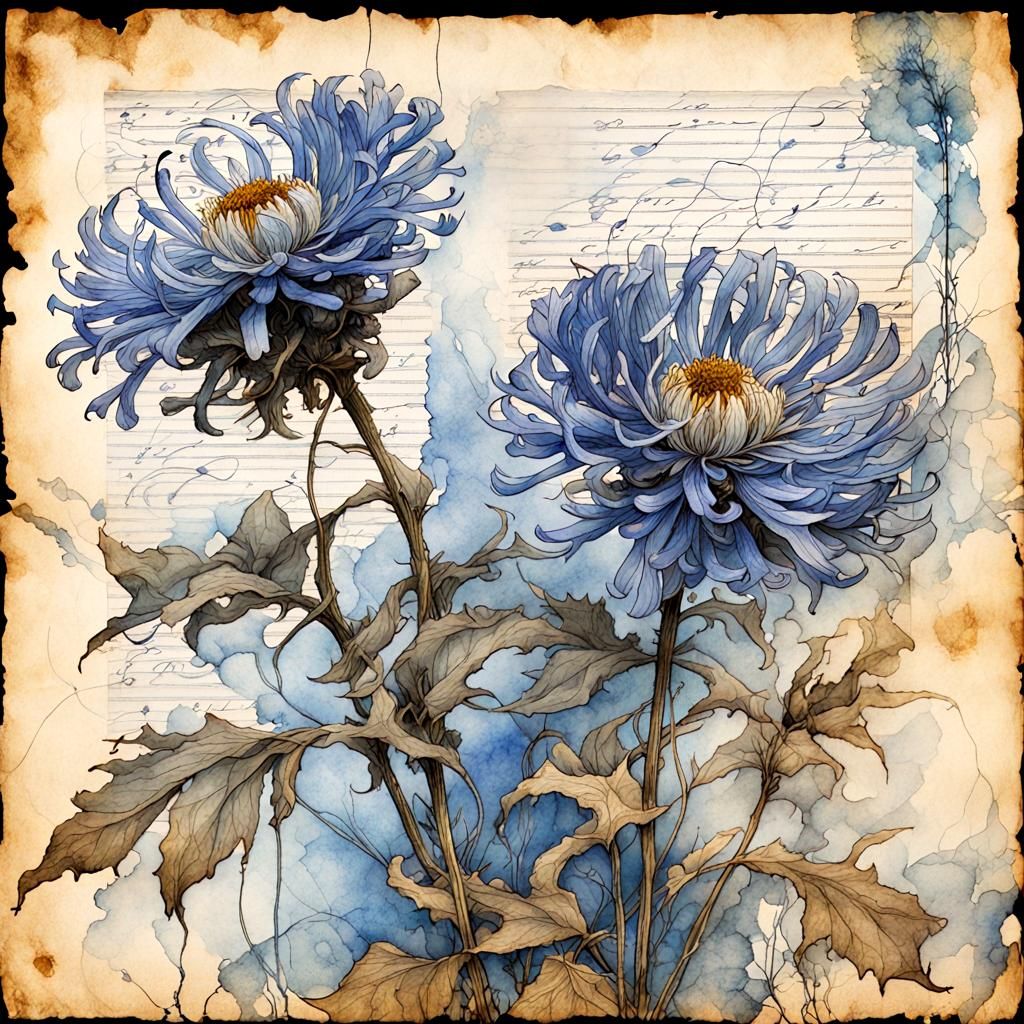 Blue Asters Bending in the Wind as Vintage Art