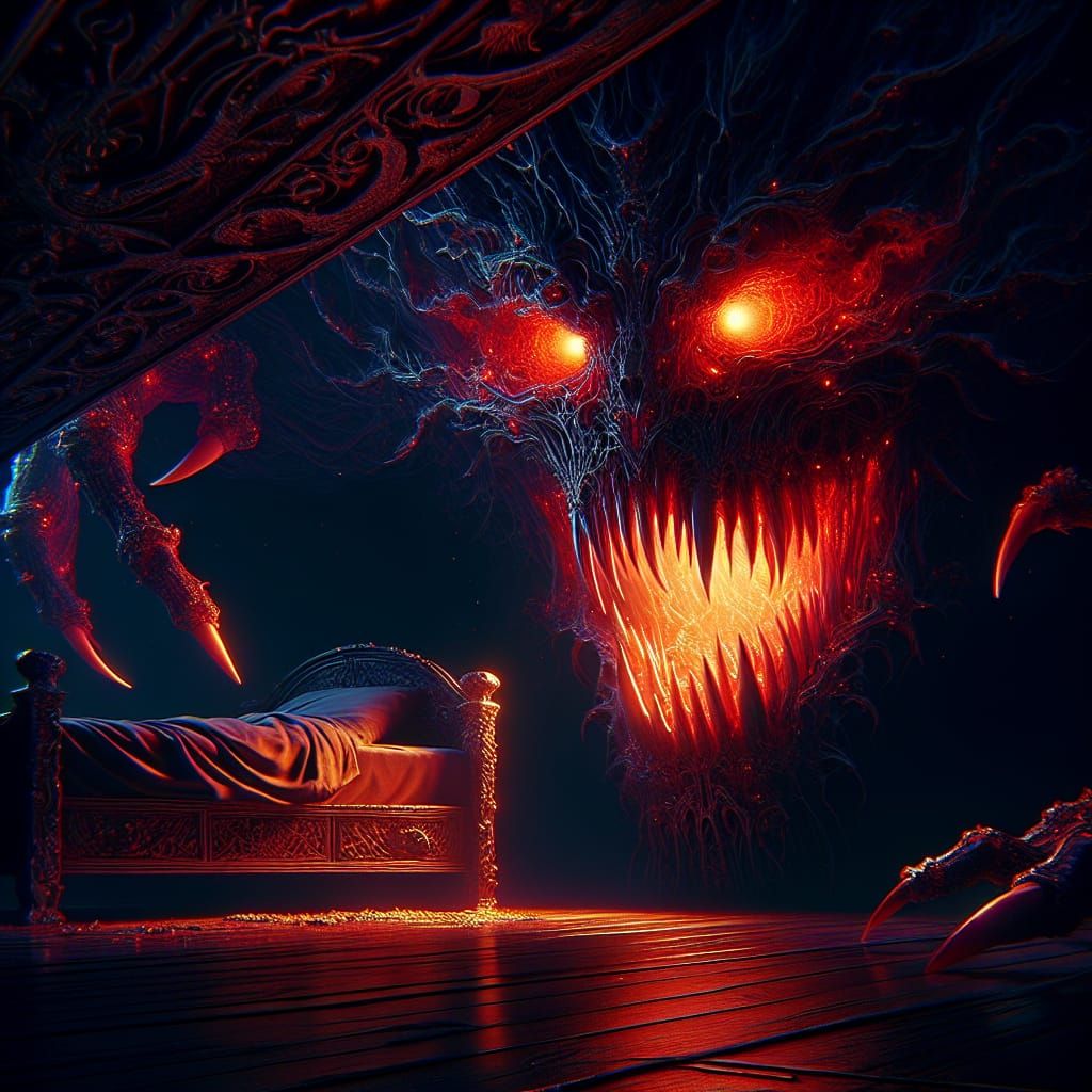 Ominous Creature Under Bed in Dark Fantasy Style