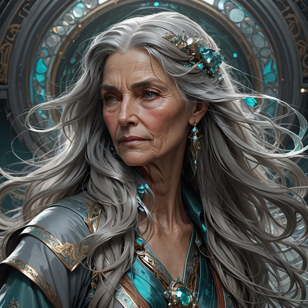 Futuristic Grey Portrait Inspired by Alphonse Mucha