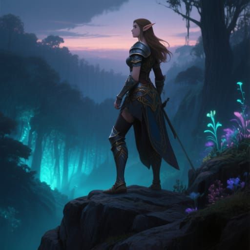 Elven Warrior Overlooking Luminous Forest