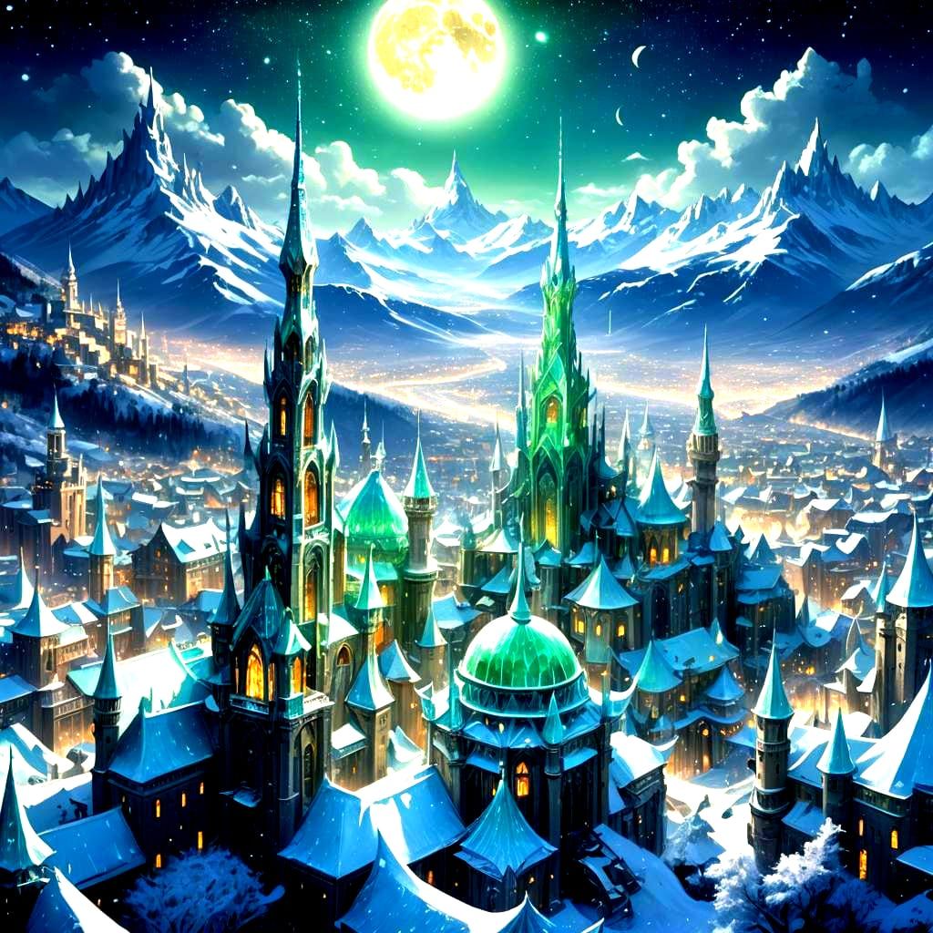 Fantasy City Under Starry, Snowy Mountains