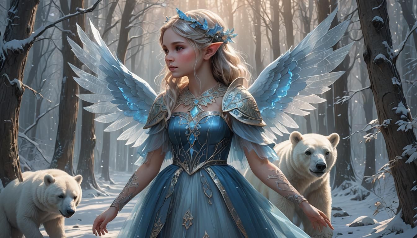 Elf Girl with Angel Wings in Winter Forest
