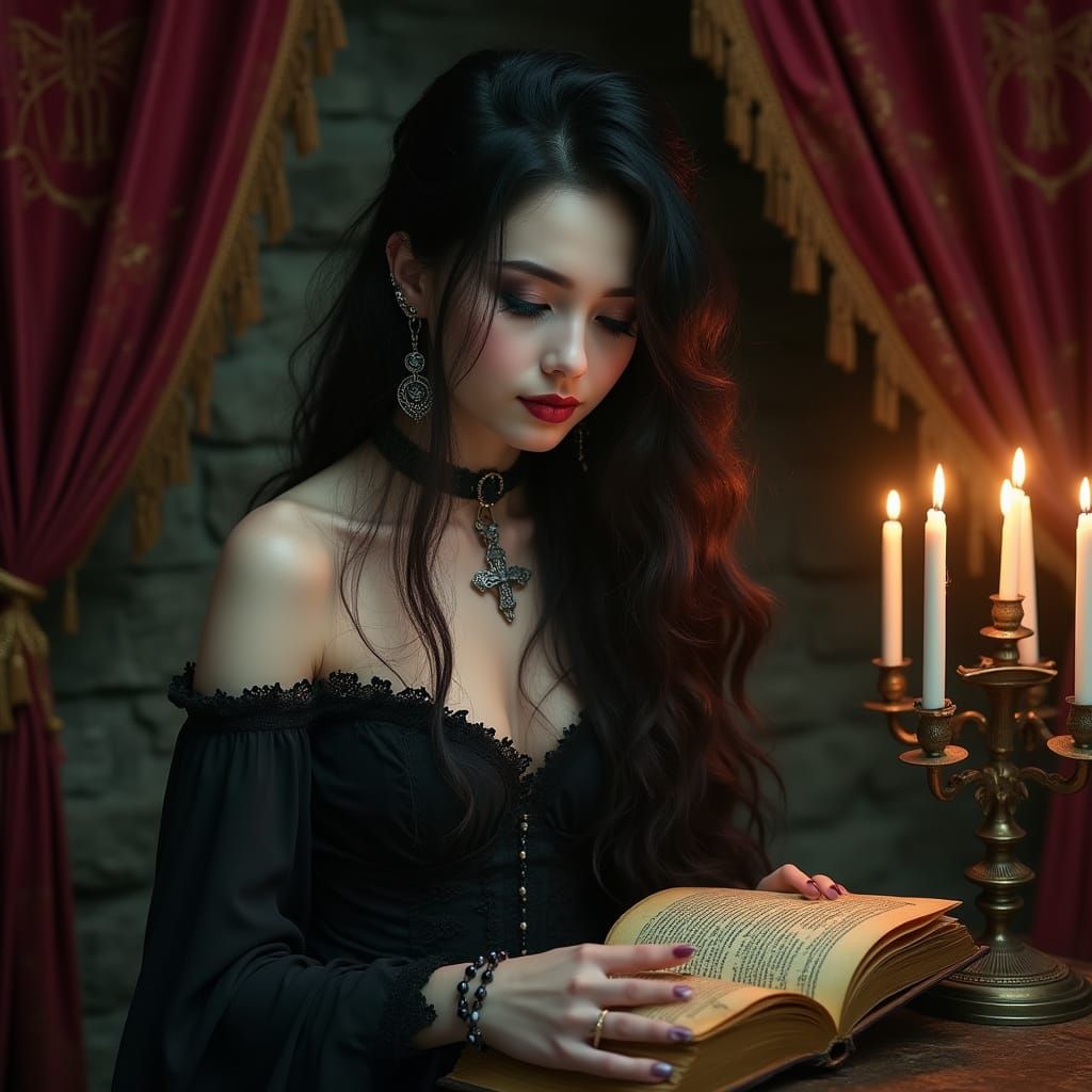 Gothic Maiden in Crimson Velvet Chamber