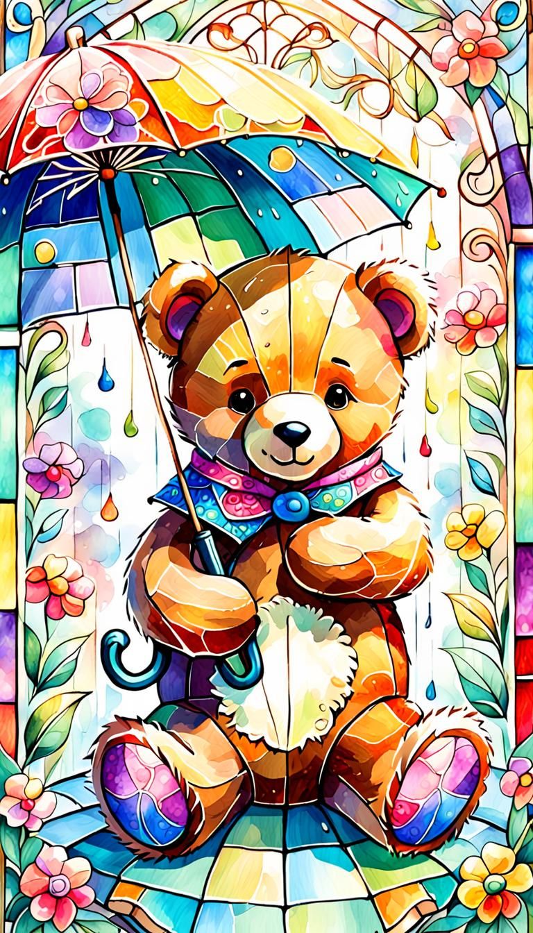 Watercolor Teddy Bear Under Stained Glass Umbrella