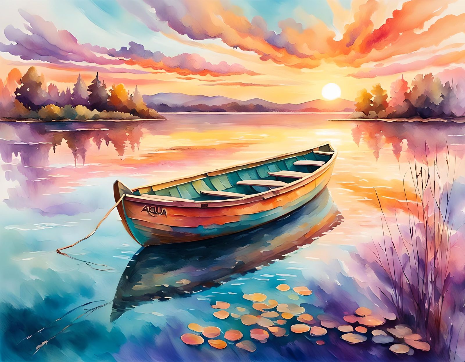 Sunset Boat in Aqua Painting Style