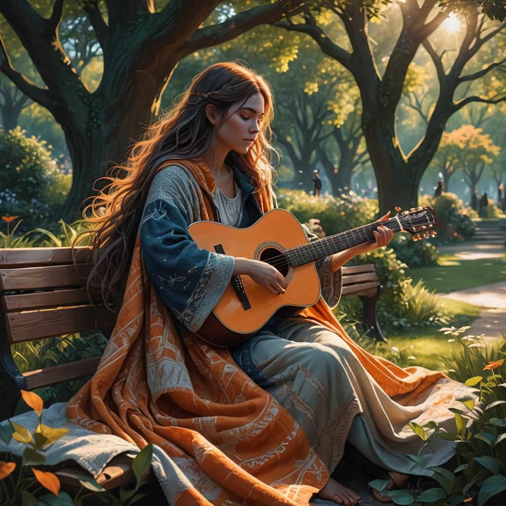 Ethereal Fantasy Girl Playing Guitar in Park
