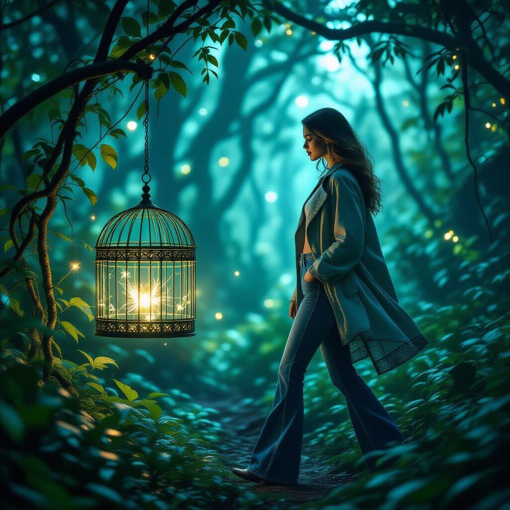 Fashion Model in Bioluminescent Forest with Glowing Birdcage
