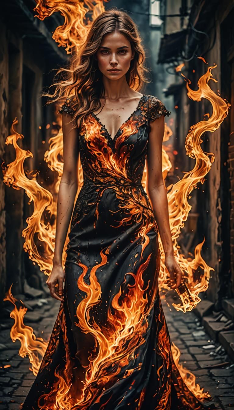 Woman in Fiery Dress: Alcohol Painting Style
