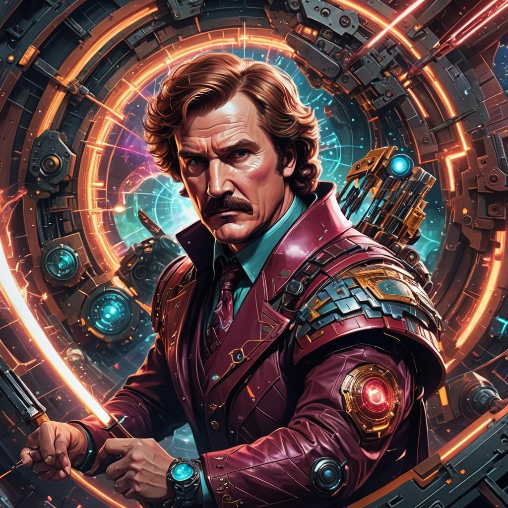 Cyberpunk Ron Burgundy Hit by Arrow in Fractal Art