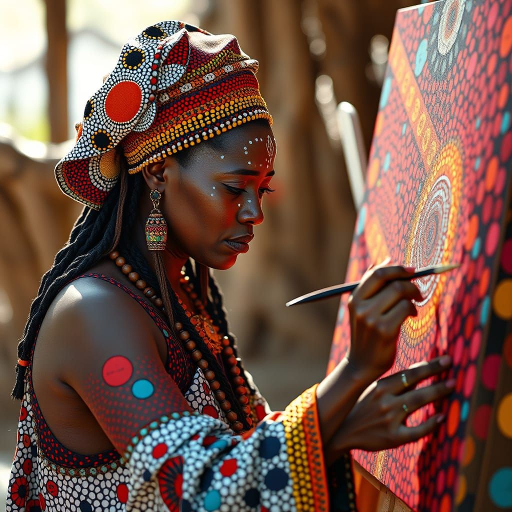 Aboriginal Woman Painting Polka Dot Masterpiece in 8K