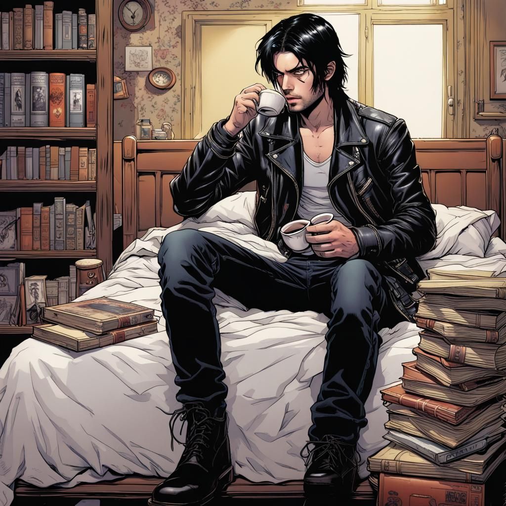 Depressed Man Drinking Tea, Comic Book Art