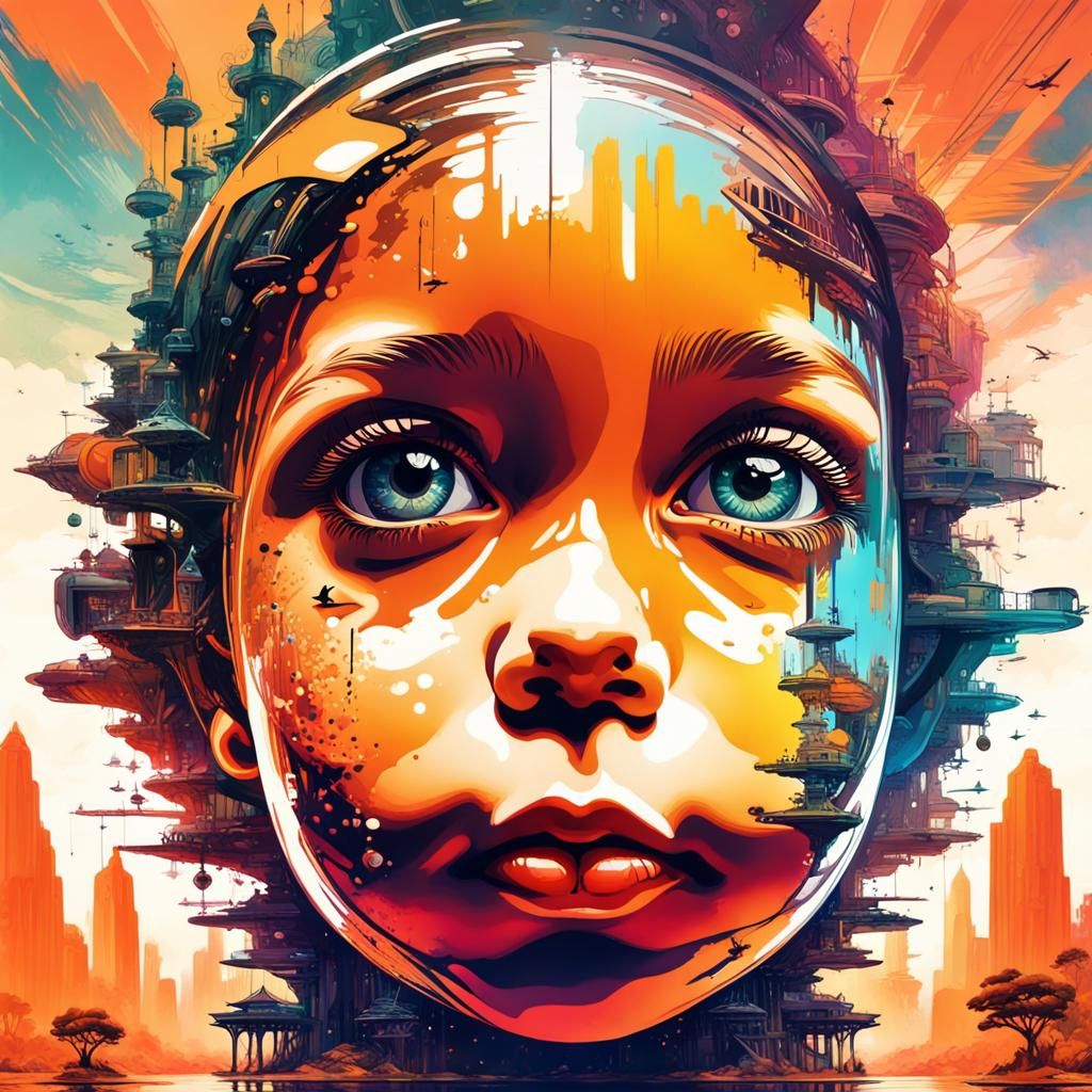 Surreal Toddler Face Collage Art by Syd Mead
