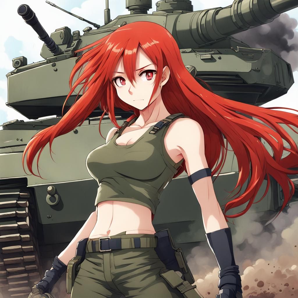 Anime Girl with Red Hair in Battle Pose