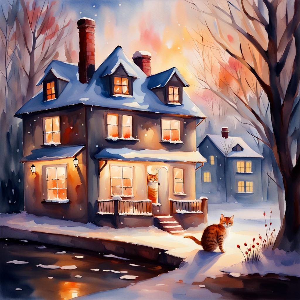 house with windows, chimneys, winter time,