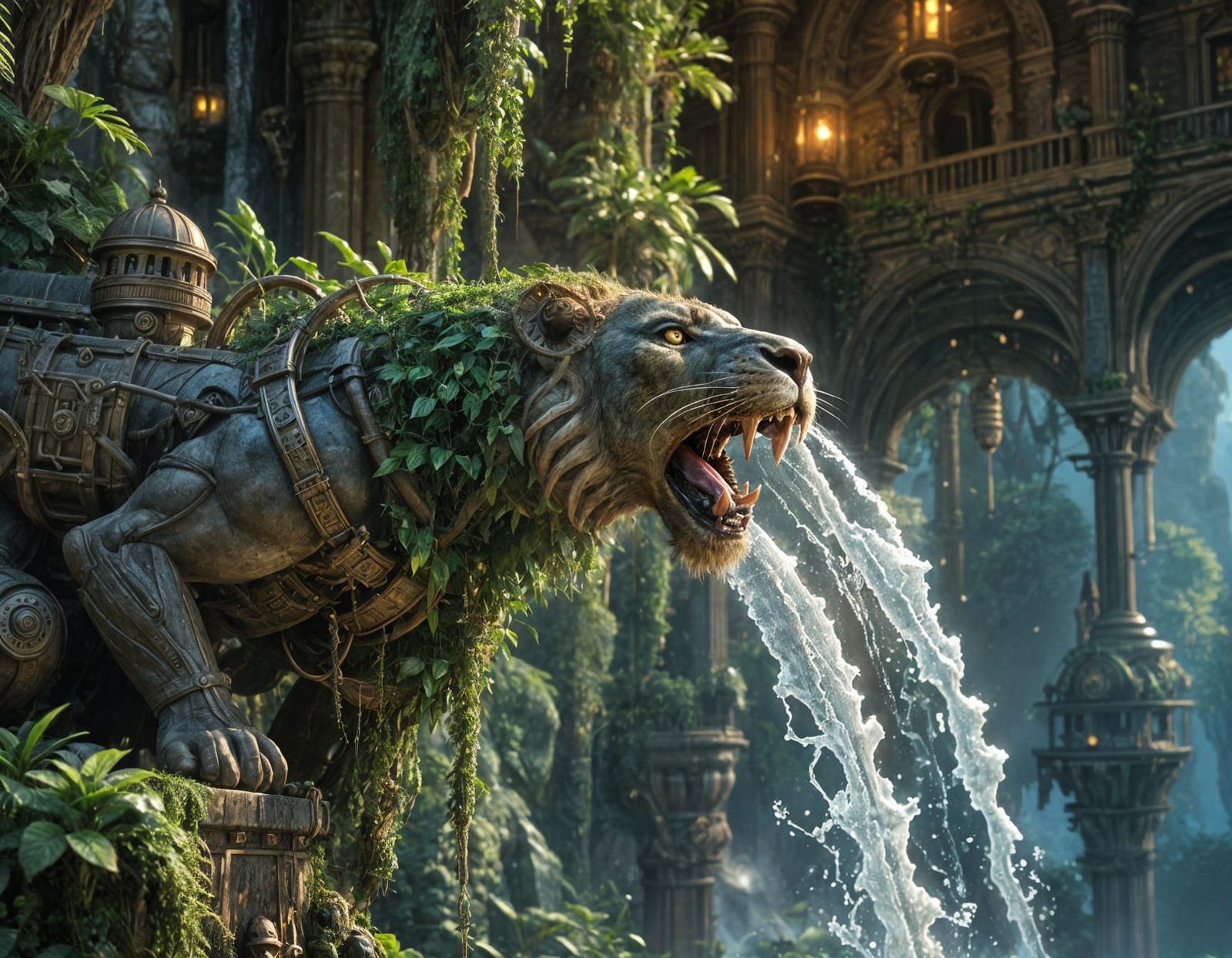 A hidden steampunk city into a massive jungle cliffside.