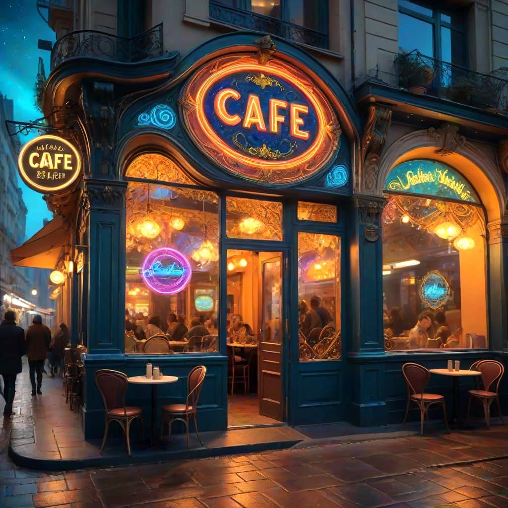 Surreal Night Cafe Scene in Futuristic Art Nouveau Style