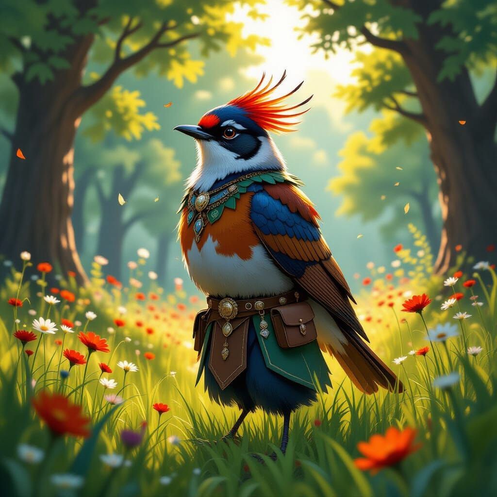 Proud Robin in Lush Meadow: Digital Illustration