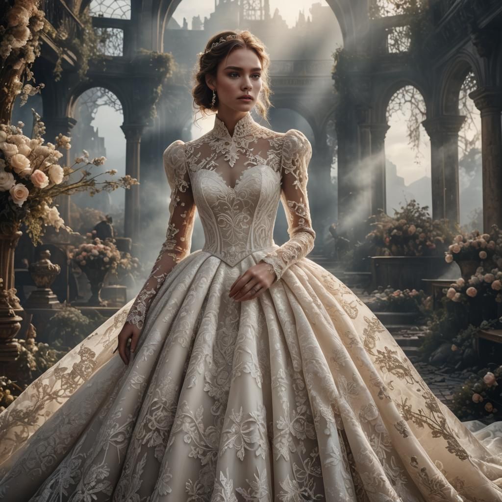 Elegant Wedding Dress with Lace Sleeves: Digital Painting