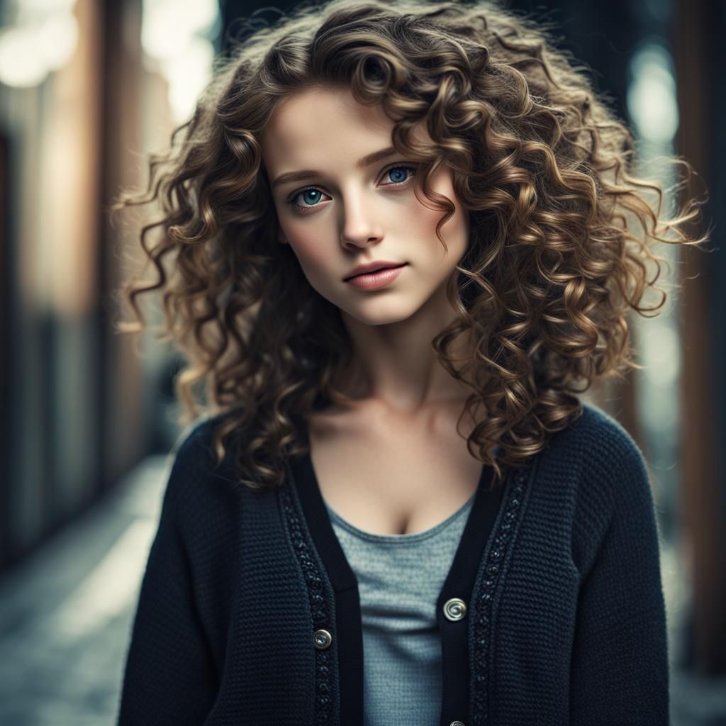 Girl with Curly Hair in Denim Skirt, Hyperrealistic