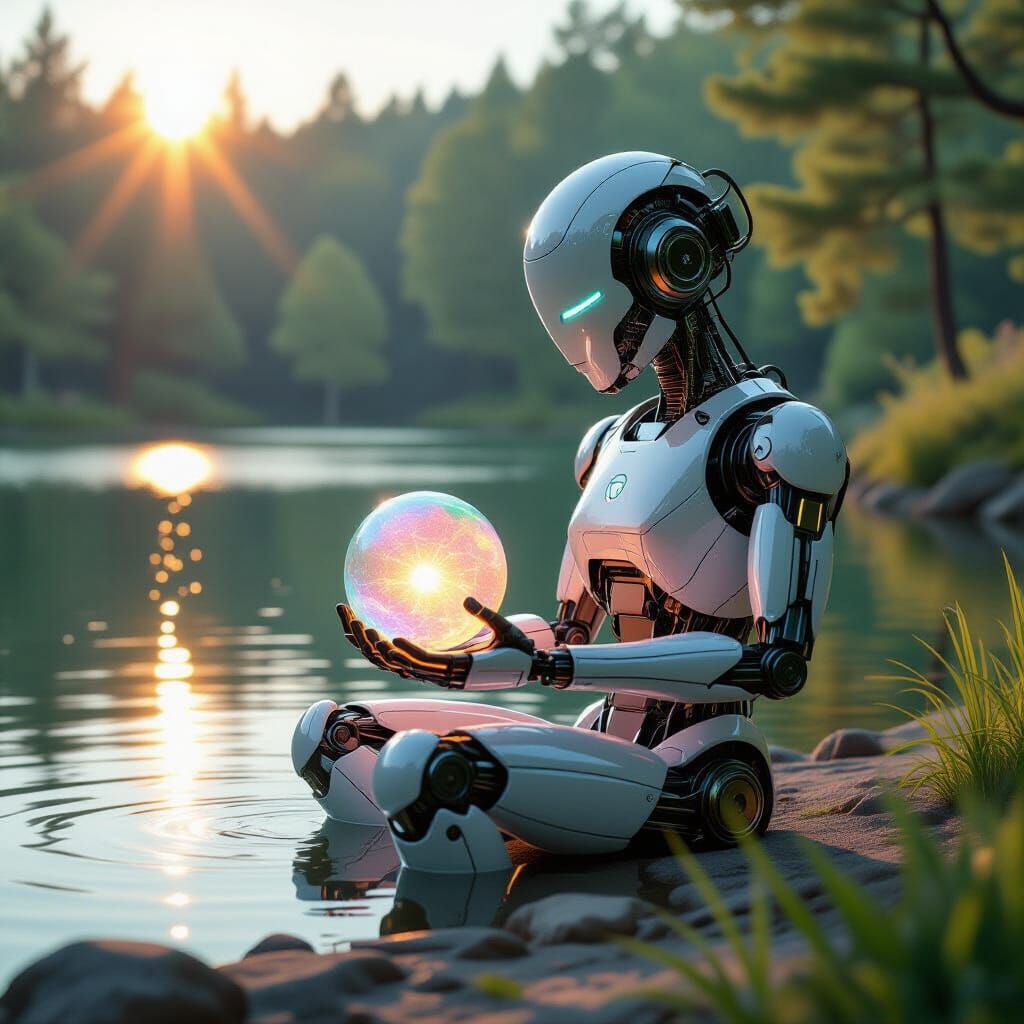 Automaton by Sunlit Lake Holding Luminous Orb, Synthwave Neo...