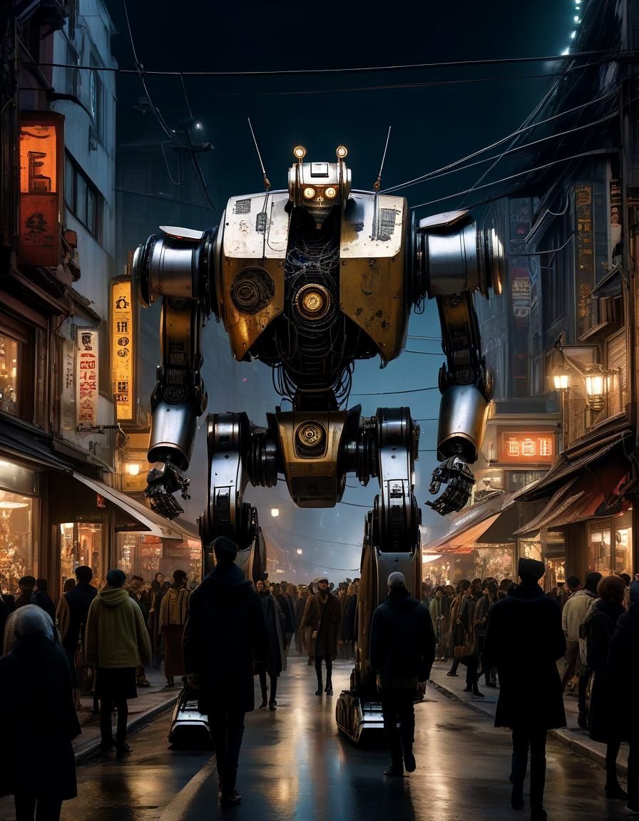 Trash Punk Robot in City Street, Enki Bilal Style