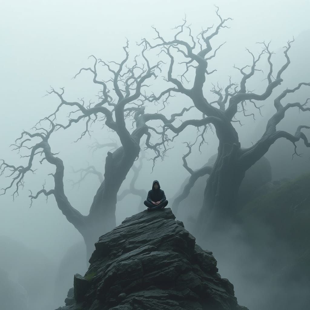 Mysterious Figure in Foggy Landscape