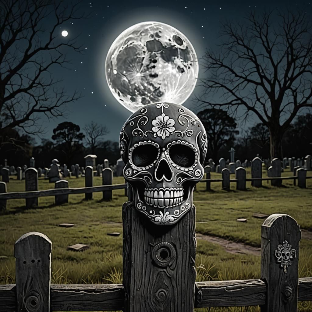 Spooky Sugar Skull in Cemetery Moonlight
