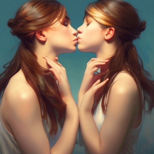 Two Girls Kissing: Hyperdetailed Portrait