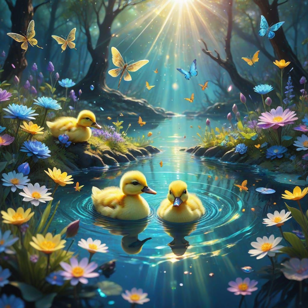 Enchanted Astral Ducklings in a Vibrant Springtime Wonderlan...
