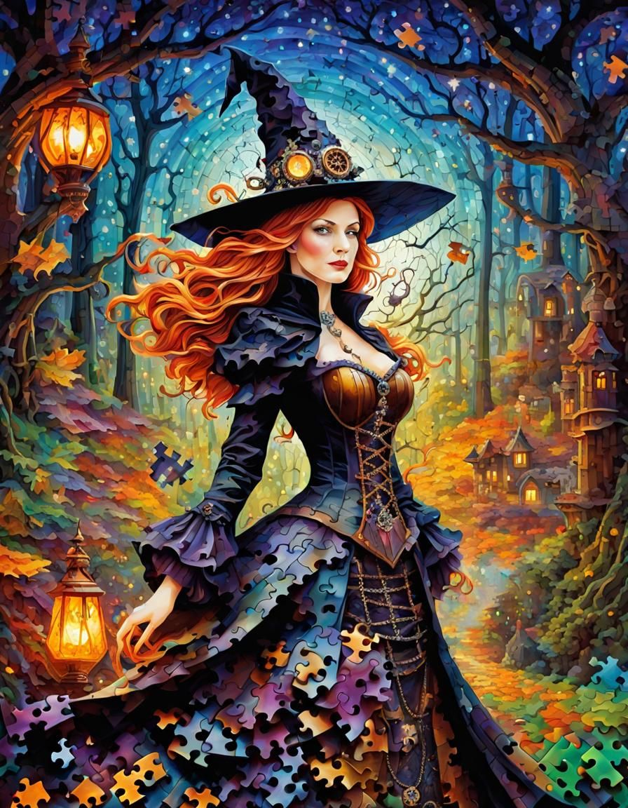 Steampunk Witch Portrait in Puzzle Art Style