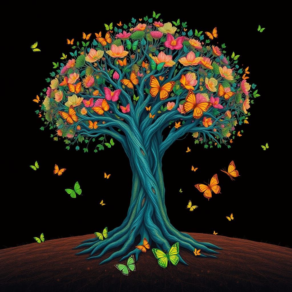 Vibrant Multi-Colored Tree with Green and Orange Butterflies