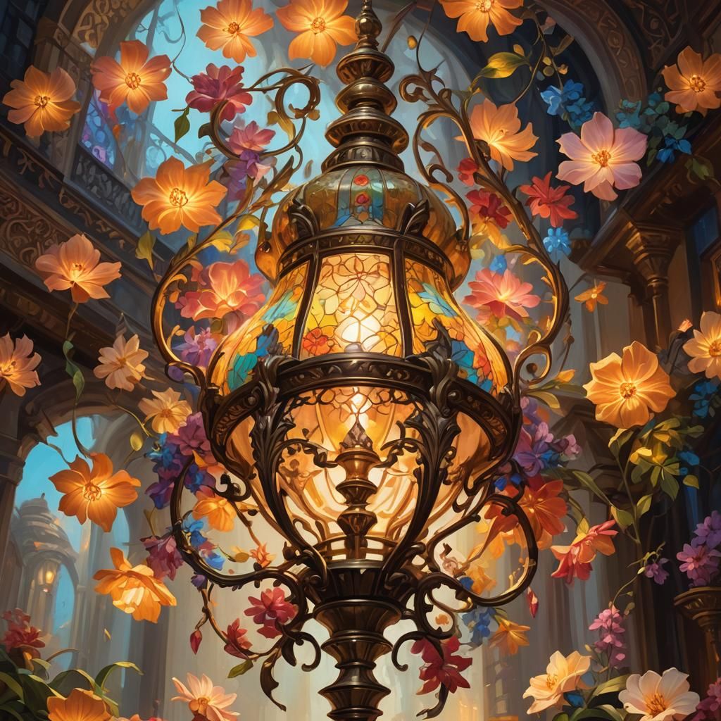 Ornate Lamp Amidst Glowing Exotic Flowers