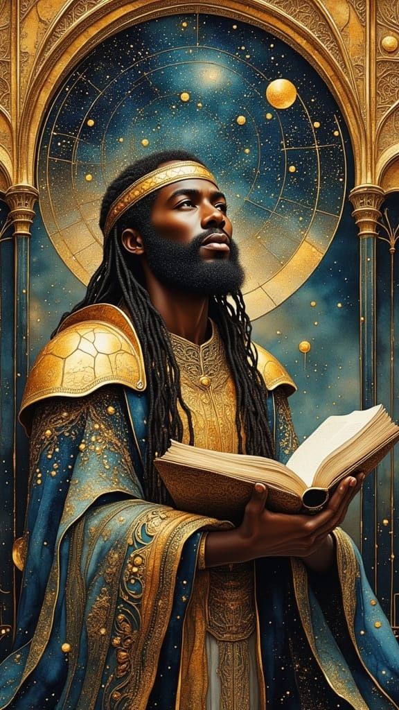Black Man in Celestial Cathedral with Golden Sphere