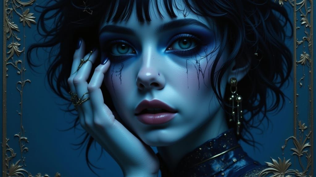 Regal Alien Woman in Blue Velvet Portrait