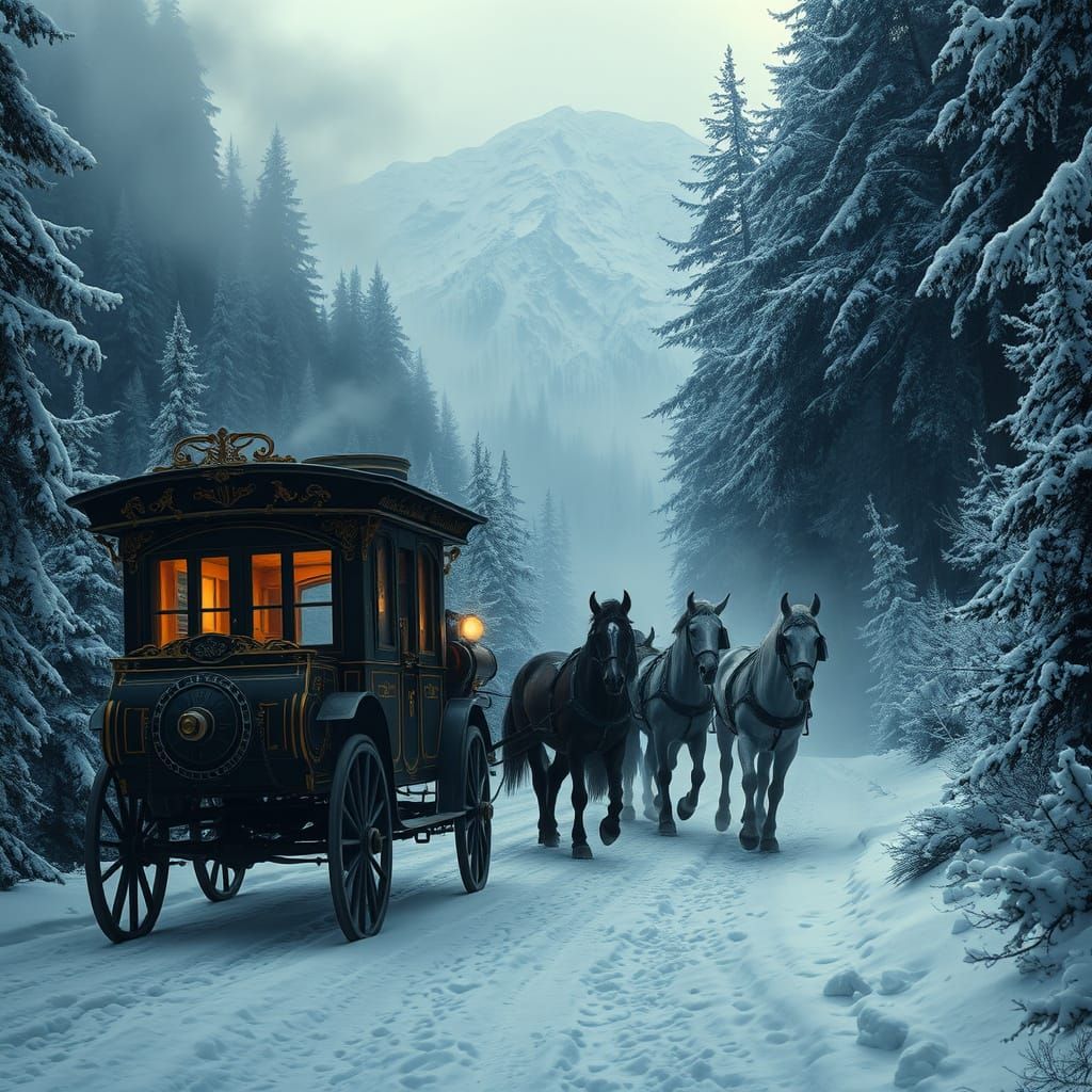 Vintage Steam Carriage Conquers Snowy Mountain Pass in Winte...