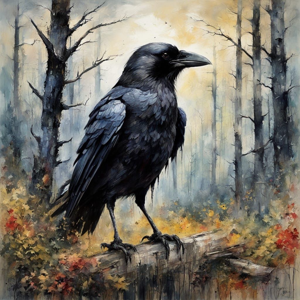 Crow Guardian: Expressionist Painting in Summer Colors