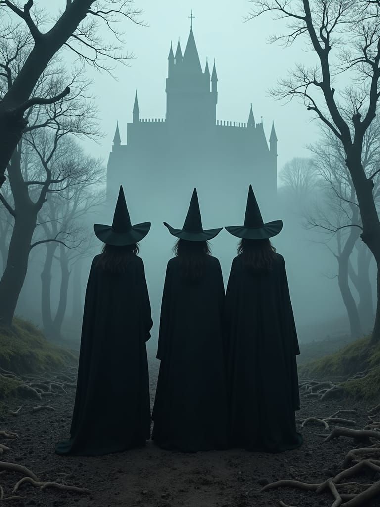 Eerie Forest: Witches and Gothic Castle in Mist