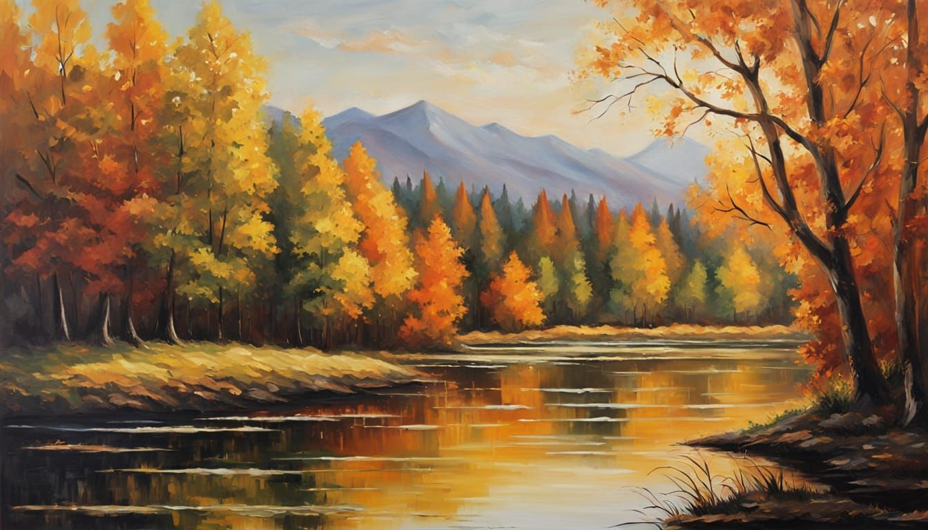 Golden Sunset over Lakeside Forest: Impressionist Oil Painti...