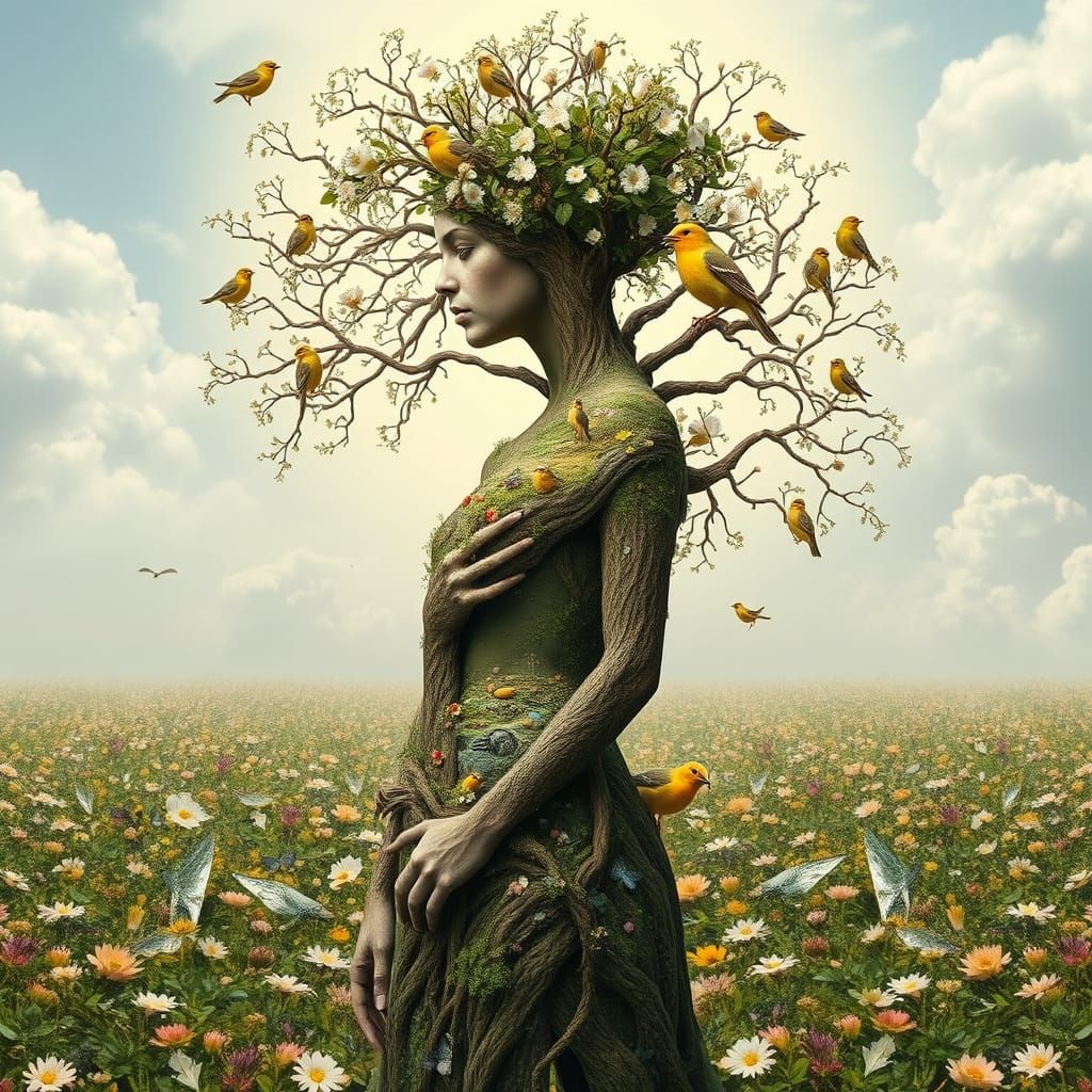 Surreal Blooming Tree Woman in Ethereal Landscape