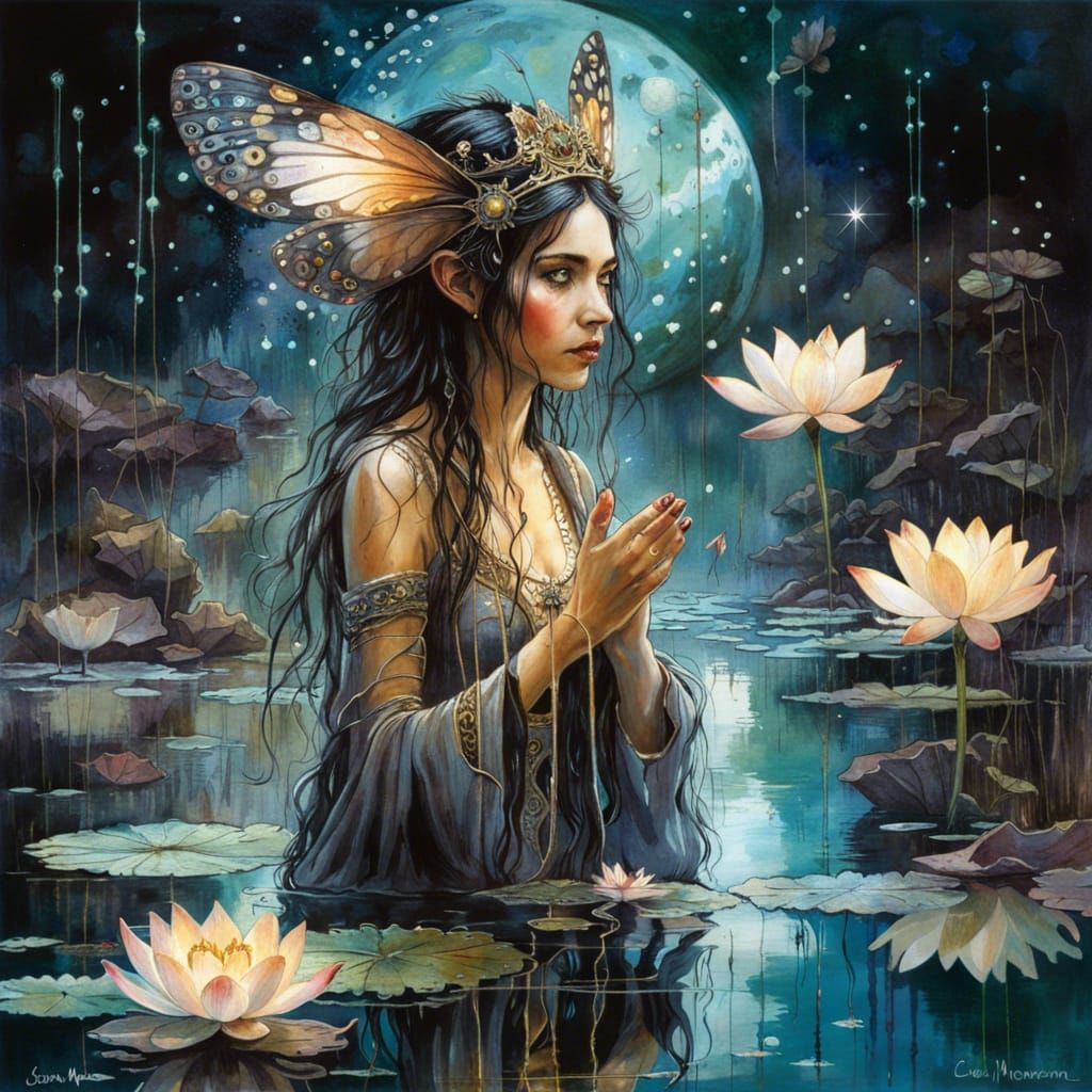 Beautiful Fairy Queen touching a mirrored reflection of herself, pretty, lotus pond, glowing outer space background, dar...